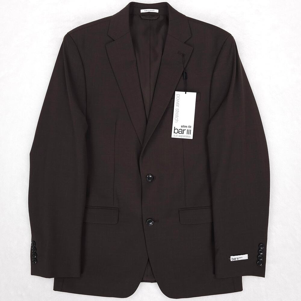 Bar III Mens Slim Fit Suit Jacket Blazer 44R Brown Solid Power Stretch Wool NWT